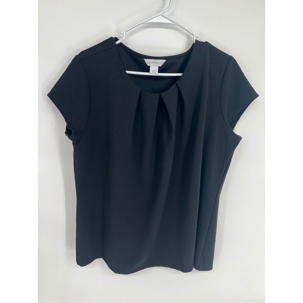 Liz Claiborne Black Pleated Neck Short Sleeve Blouse Top XL‎ Professional Office
